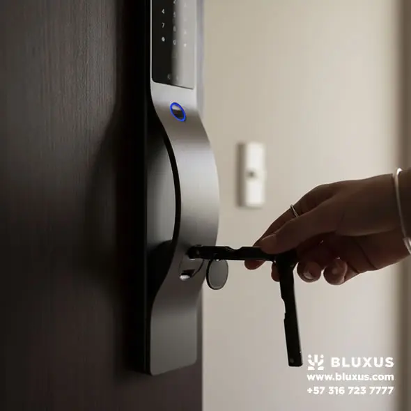 Energización de emergencia mediante puerto USB en una cerradura digital Bluxus ante un corte de luz.