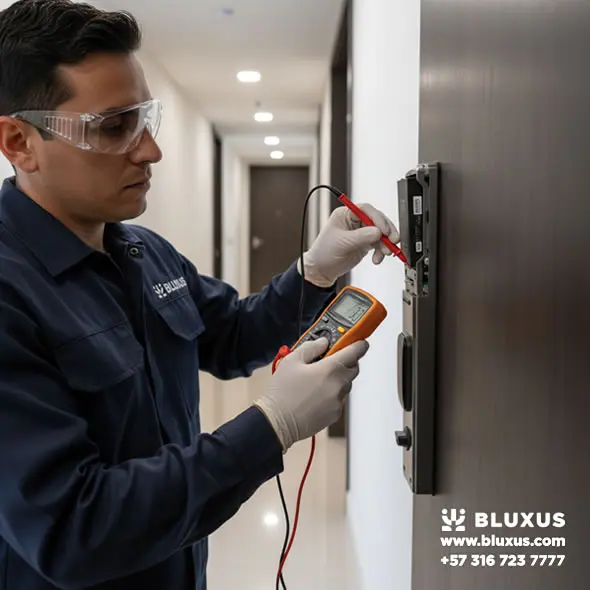 Cerraduras Inteligentes Barranquilla: Resistentes al Salitre y Calor 22 Técnico local de Bluxus garantizando el funcionamiento de una cerradura inteligente de alta seguridad en Barranquilla.