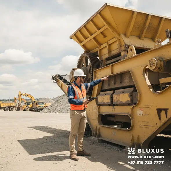 Trituradora de Piedra Industrial en Venta Colombia 2 Ingeniero realizando protocolo de peritaje estructural y revisión eléctrica en una máquina trituradora de piedra para grava y minería ubicada en Cundinamarca.