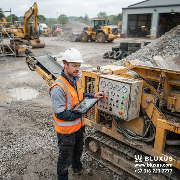 Planta de Trituración Móvil y Portátil en Venta | Colombia 3 Ingeniero de Bluxus revisando los sistemas hidráulicos de una trituradora móvil de piedra antes de su despacho comercial.