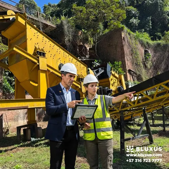 Asesor de Bluxus acompañando a un ingeniero residente en la inspección visual de las bandas transportadoras de la planta TRIO nueva.