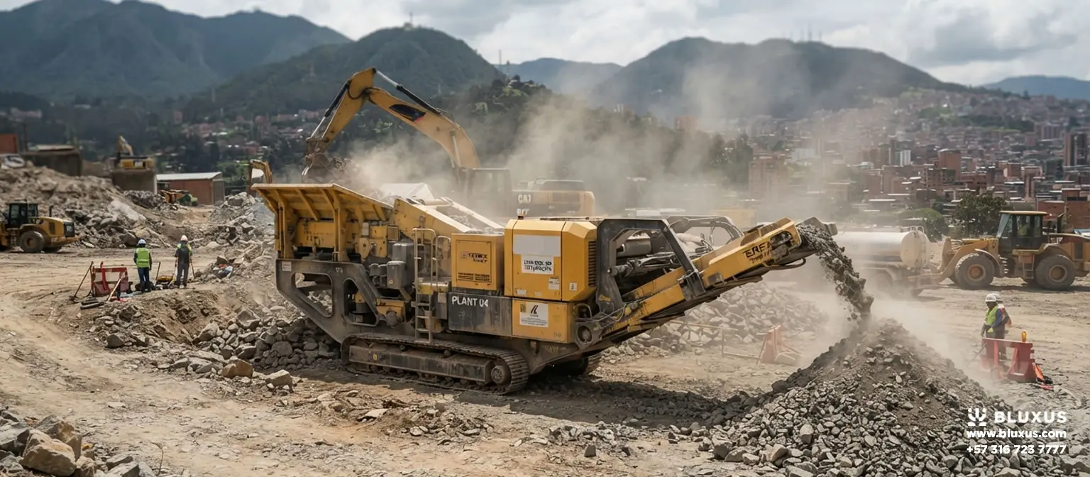 Planta de Trituración Móvil y Portátil en Venta | Colombia 1 Planta de trituración móvil sobre orugas procesando agregados en un frente de obra vial en Bogotá, Colombia.
