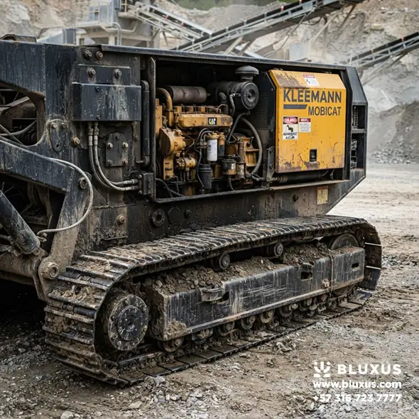 Planta de Trituración Móvil y Portátil en Venta | Colombia 2 Detalle del sistema de tracción sobre orugas y el generador de energía de una trituradora de piedra portátil en Cundinamarca.