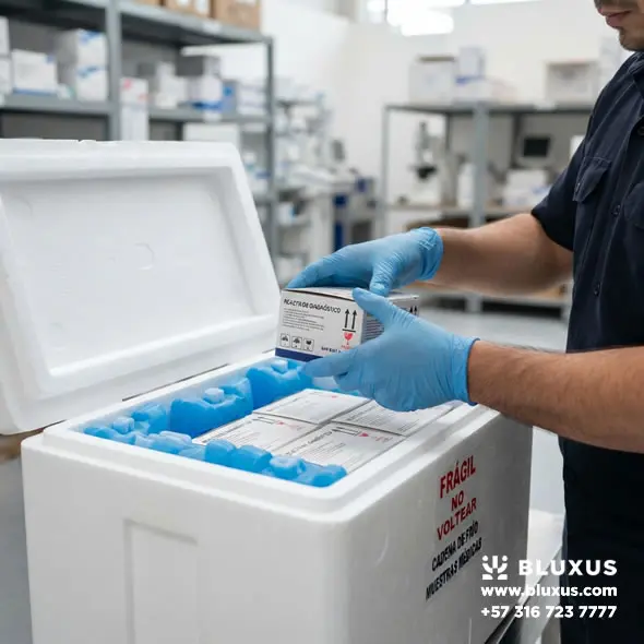 Suministro Pruebas POCT en Medellín y Antioquia | Bluxus 2 Suministro pruebas POCT Medellín Empaque y protección térmica de reactivos de diagnóstico in vitro con cadena de frío garantizada (1°C a 30°C) para envíos seguros a clínicas en Medellín y Antioquia.