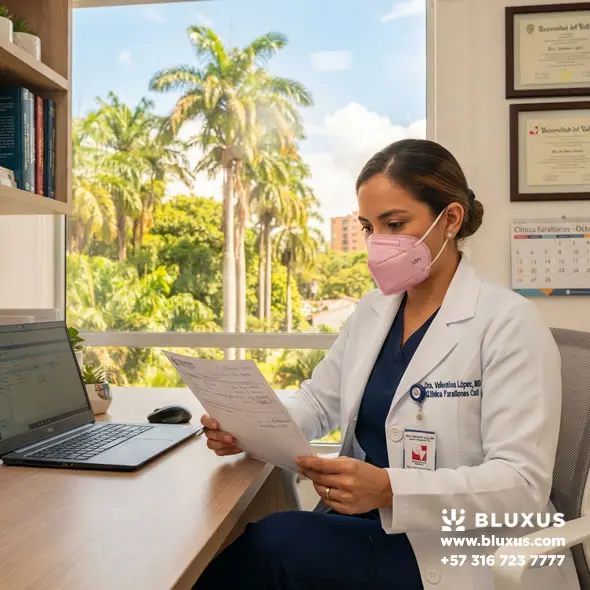 Doctora en una clínica de Cali utilizando un tapabocas N95 rosado con certificación INVIMA provisto por Bluxus.