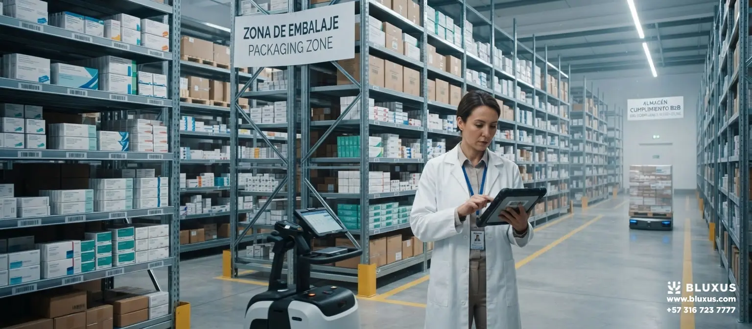 Vista interior de un moderno centro de distribución mayorista de medicamentos en Colombia, Calica, Valle del Cauca, mostrando estanterías industriales organizadas para el abastecimiento seguro, legal y ágil de droguerías independientes.