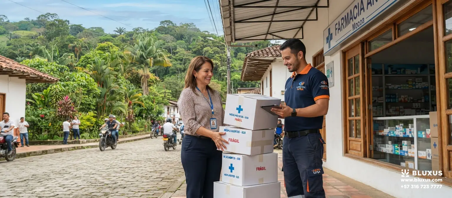 Operativo logístico entregando medicamentos al por mayor a una droguería independiente en Mocoa, Putumayo, garantizando abastecimiento seguro.