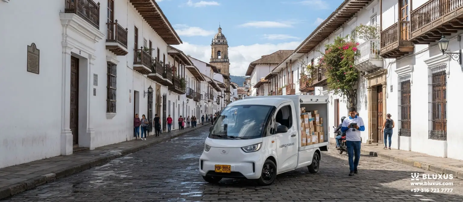 Distribuidor de Medicamentos en Popayán y Cauca | Bluxus 1 Vehículo de Bluxus realizando entrega rápida de medicamentos al por mayor a droguerías en el centro de Popayán.