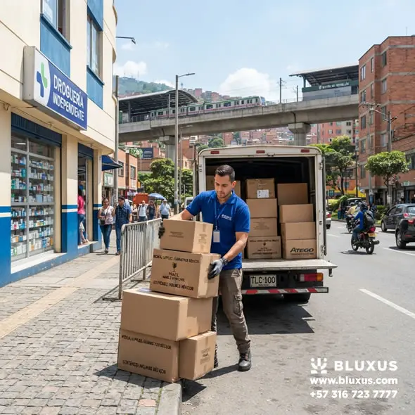 Entrega segura de inventario B2B desde nuestra distribuidora de medicamentos directamente al mostrador de una farmacia en Medellín, Antioquia.