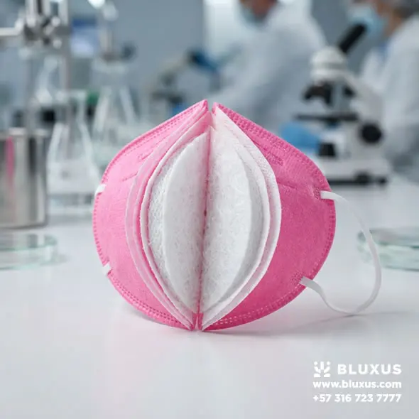 Tapabocas N95 de Colores: Protección con Estilo | Bluxus 2 Corte transversal de un tapabocas N95 de color mostrando la capa externa teñida y el filtro interno Meltblown de color blanco puro para protección certificada.