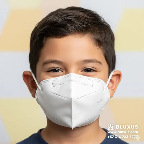 Niño de colegio en Colombia utilizando un tapabocas n95 niños talla KIDS pediátrica con ajuste perfecto en nariz y barbilla.