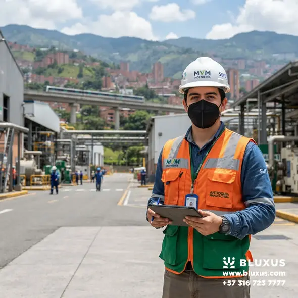 Tapabocas N95 en Medellín | Fábrica Directa y Envío Gratis 1 Ingeniero en Medellín utilizando un tapabocas N95 industrial de dotación enviado directamente desde la fábrica de Bluxus.